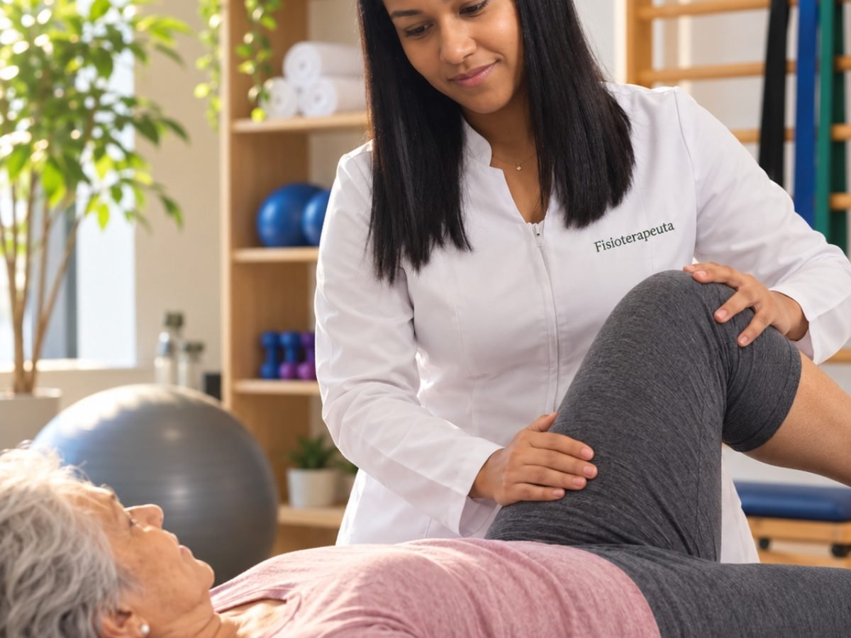 Fisioterapeuta conduzindo exercício de mobilidade do quadril em paciente idosa deitada