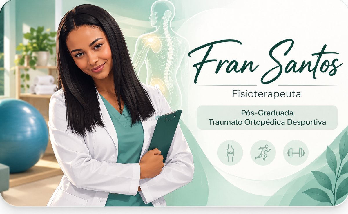 Arte de apresentação: Fran Santos, fisioterapeuta, pós-graduada em traumato-ortopédica desportiva